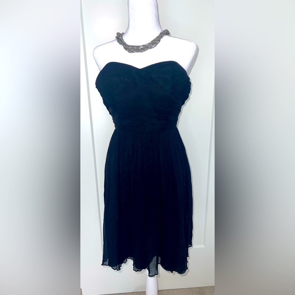 J CREW silk chiffon strapless black dress, fit & flare w/ surplice top Sz 2 Tall
